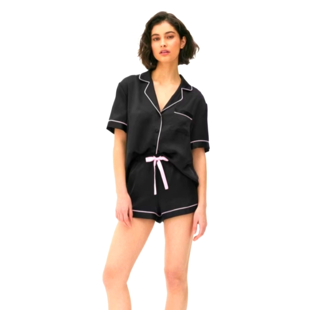 Black Satin Pajama Set with Pink Accents